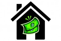 A cartoon drawing of a house and a couple of dollar bills.
